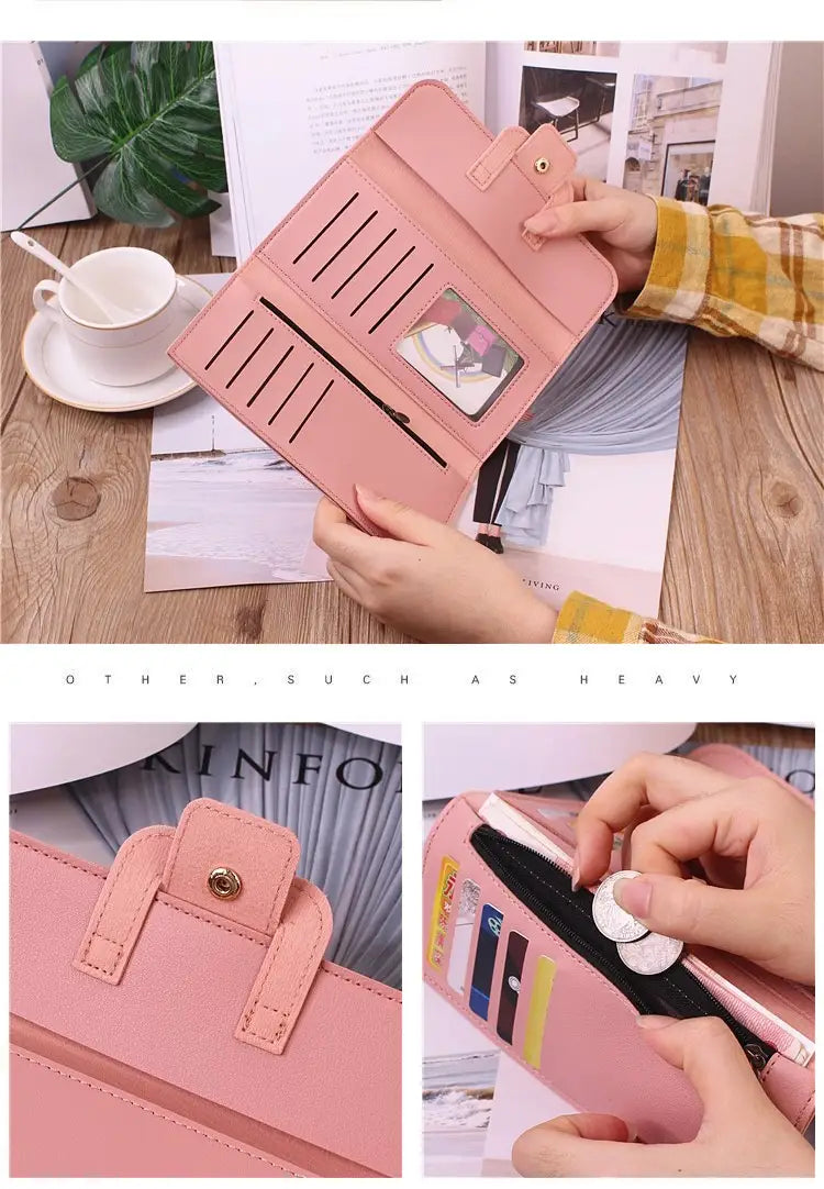 Pink faux leather women’s tri-fold leather clutch wallet featuring a clear ID window and multiple card slots.