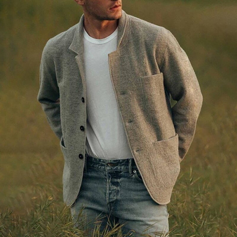 Men hip hop bomber jacket navy blue wool featuring a textured light gray woolen blazer design with dark buttons and two front pockets.