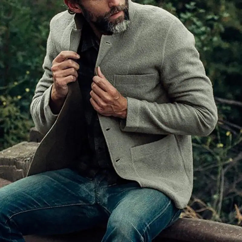 Men hip hop bomber jacket navy blue wool textured light gray wool blazer with classic collar and two front pockets.