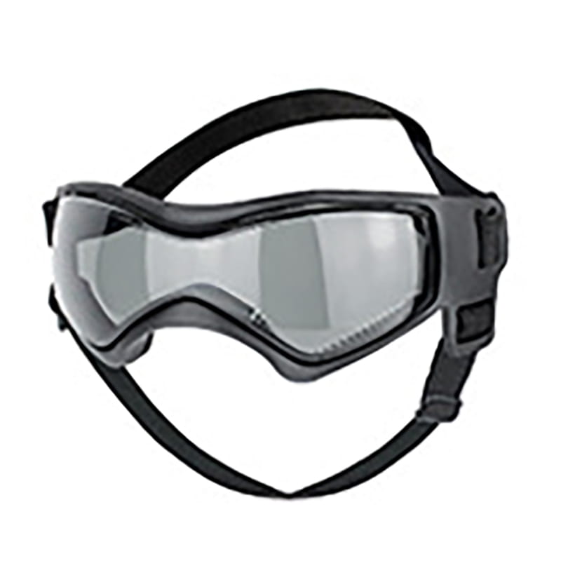 ペットの眼の安全のために設計された、わずかに色付きの透明レンズ付きの黒いフレームのUV保護ゴーグルで、調節可能なストラップが付いています。