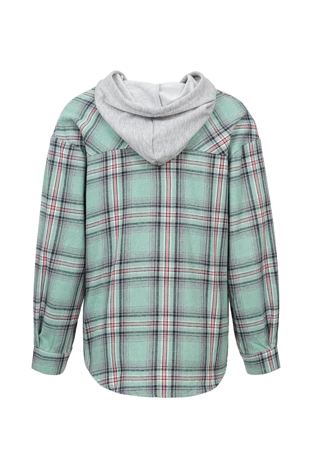 Women’s plaid long sleeve hooded button up shirt in mint green and pink plaid with a contrasting gray fleece-lined hood.