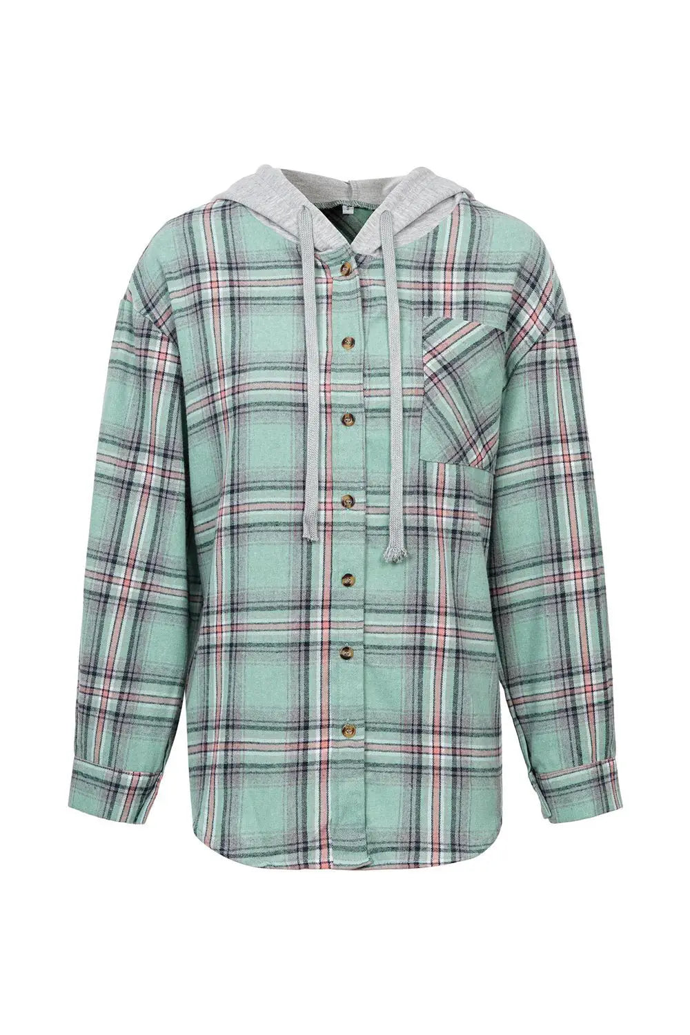 A women’s plaid long sleeve hooded button up shirt in mint green and black with pink accents and a gray drawstring-lined hood.