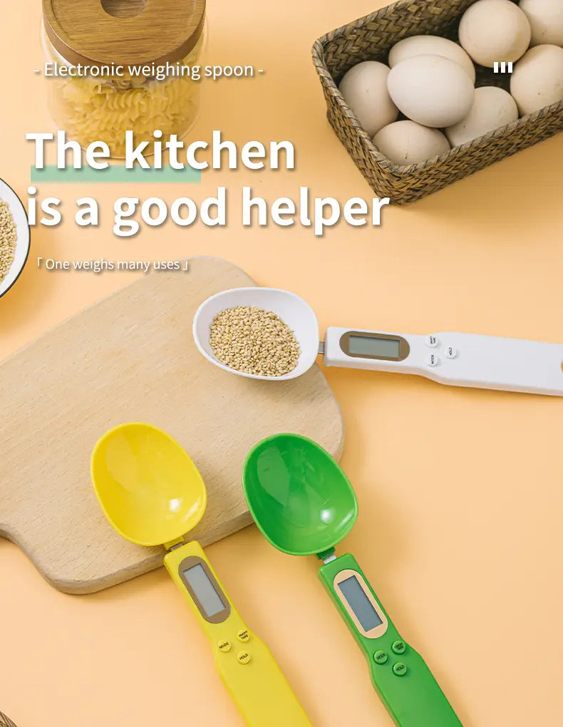 Set of three colorful digital spoon scales in yellow green and white with lcd screens for precise ingredient weighing and a 500g capacity measuring tool set.