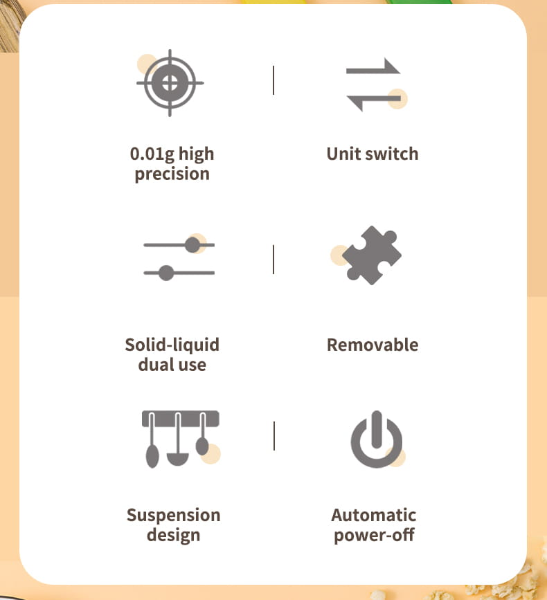 the image shows six gray icons with text labels arranged in two columns on a light beige background for the digital spoon scale 500g lcd measuring tool set.