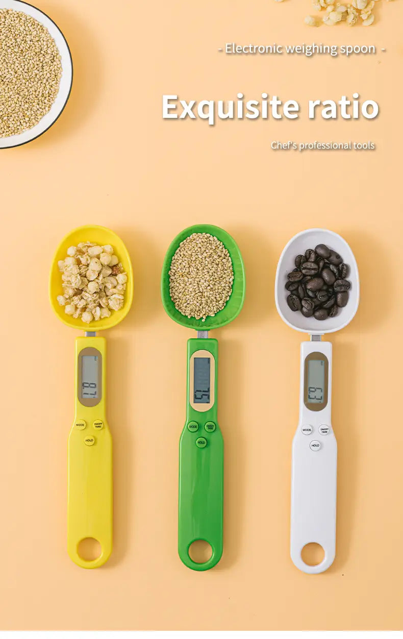 Three colorful digital spoon scale measuring tools in yellow green and white with 500g lcd capacity for precise electronic weighing.