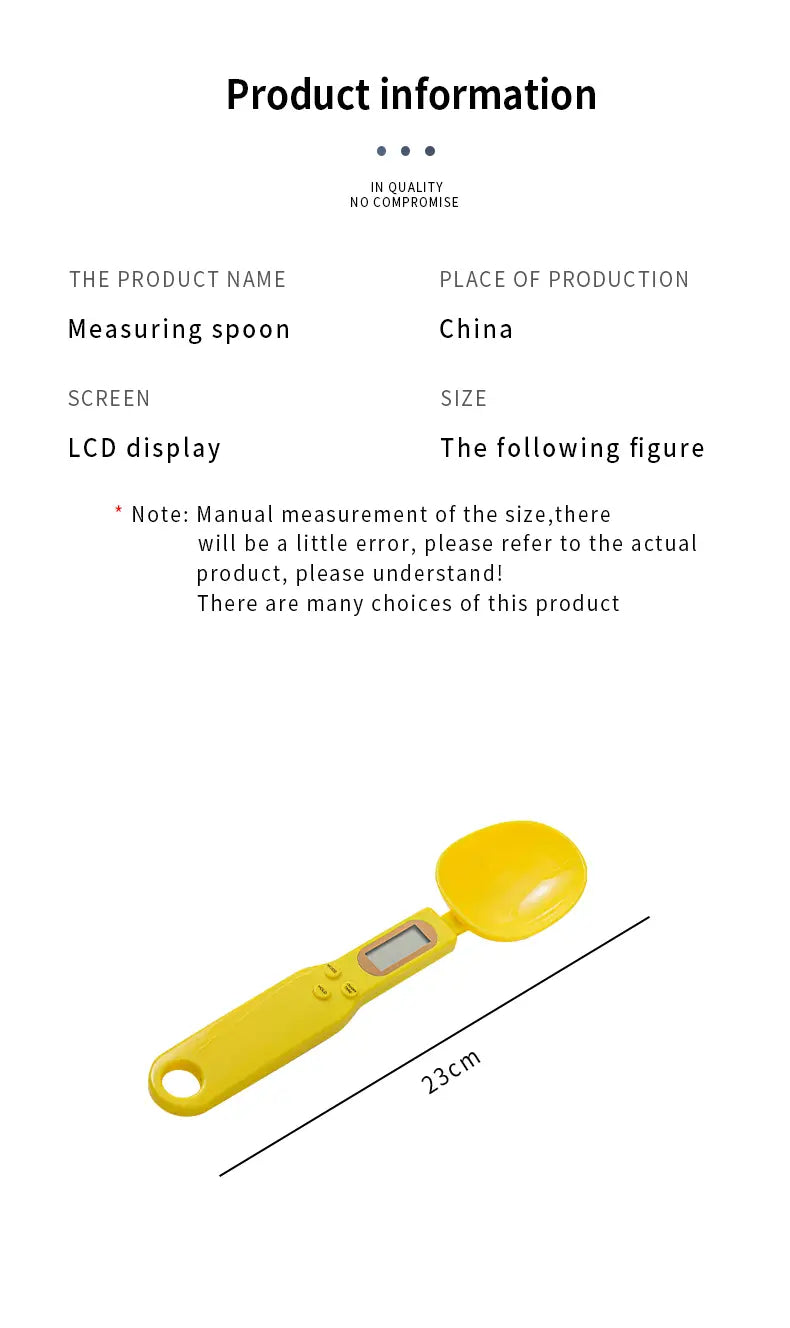 Yellow digital spoon scale with lcd screen and 23cm length designed for precision measuring up to 500g