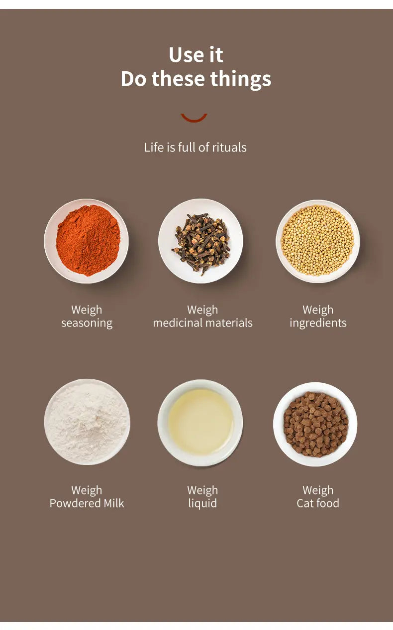 white ceramic bowls containing red powder, dried herbs, yellow beans, white flour, pale liquid, and brown pellets displayed alongside a digital spoon scale 500g lcd measuring tool set.