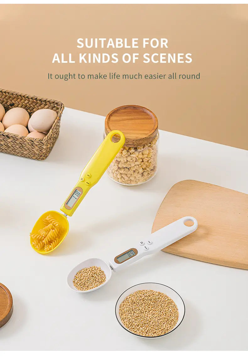 Digital spoon scale 500g lcd measuring tool set featuring yellow and white digital measuring spoons with lcd screens for precise ingredient measurement.