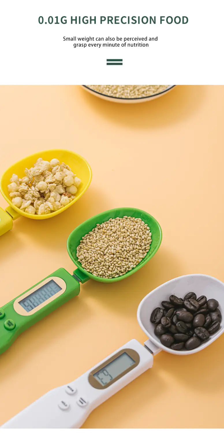 three digital food measuring spoons with yellow green and white handles and bowls each filled with various dry foods from the digital spoon scale 500g lcd measuring tool set