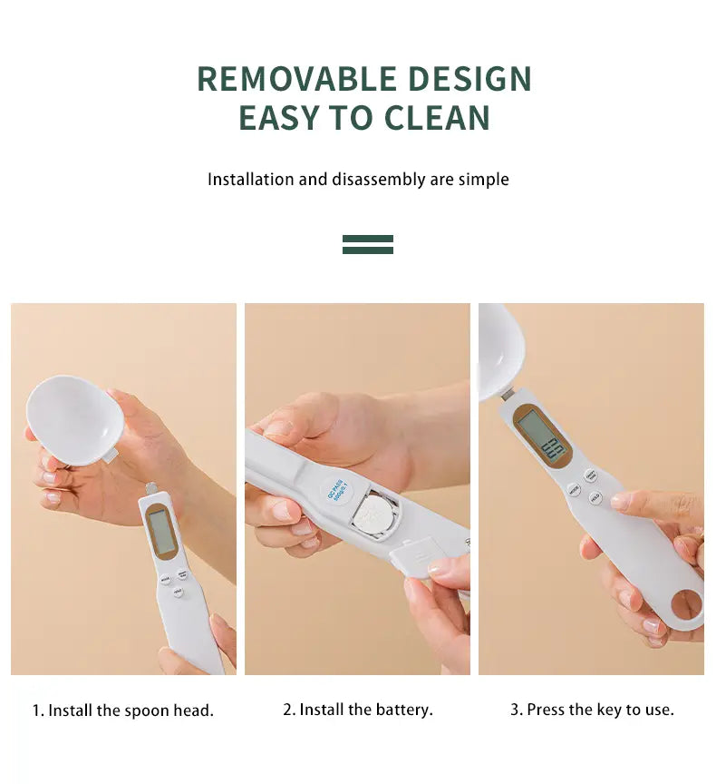 White digital spoon scale with detachable spoon head and visible battery compartment for precise 500g lcd measuring tool set.