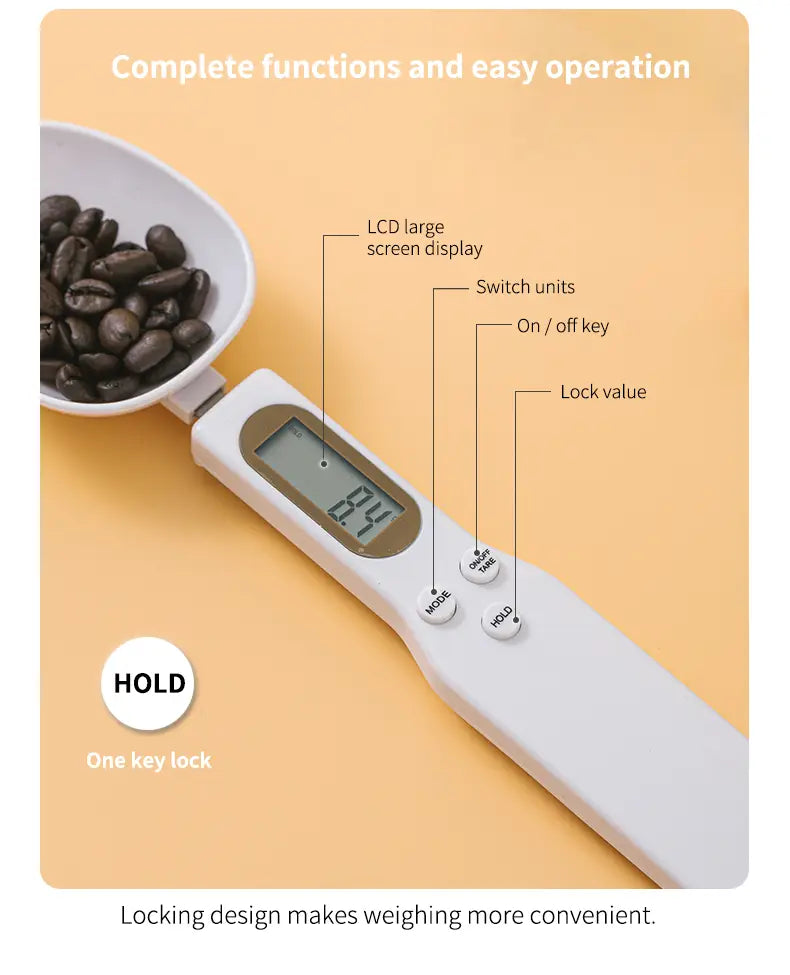 Digital spoon scale 500g lcd measuring tool set featuring a white digital kitchen scale with a large lcd screen and multiple function buttons for easy operation.