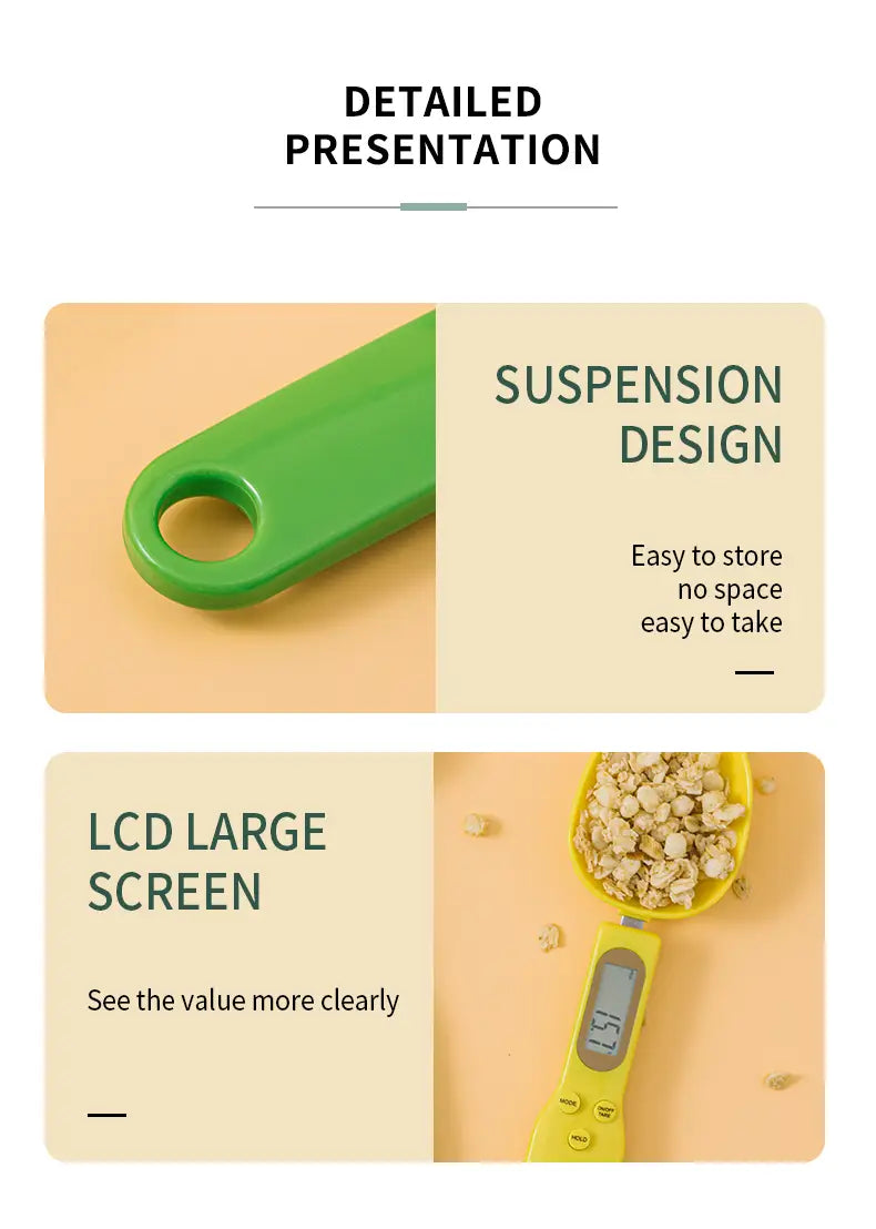 Green plastic digital spoon scale with yellow lcd screen and hanging loop for easy storage measuring up to 500 grams