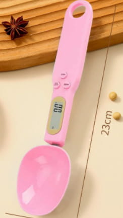 pink digital spoon scale with a sleek glossy finish and integrated lcd display for precise 500g measuring tasks