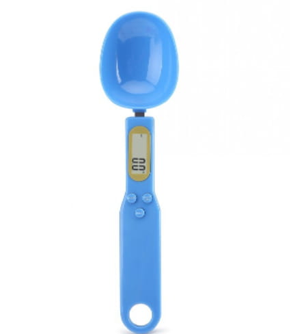 Blue digital spoon scale with a sleek glossy plastic handle and bowl designed for precise measuring up to 500g with an LCD display.