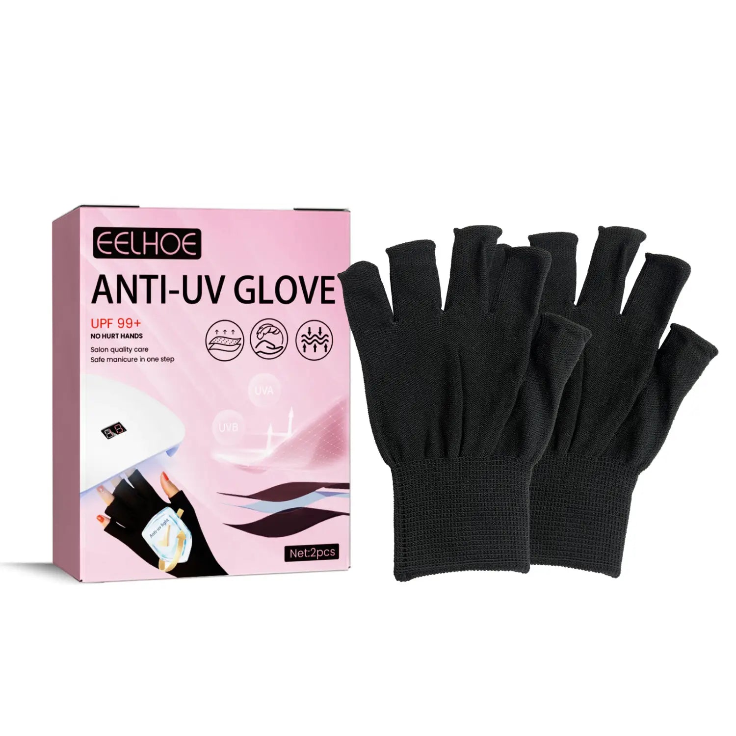 Black fingerless anti-UV gloves by eelhoe shown from the back side designed for nail care and UV protection.