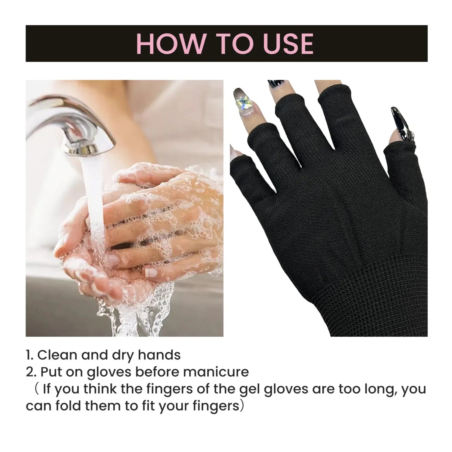 black fingerless gel gloves with textured flexible material designed for uv protection and manicure use showing the back side of the gloves