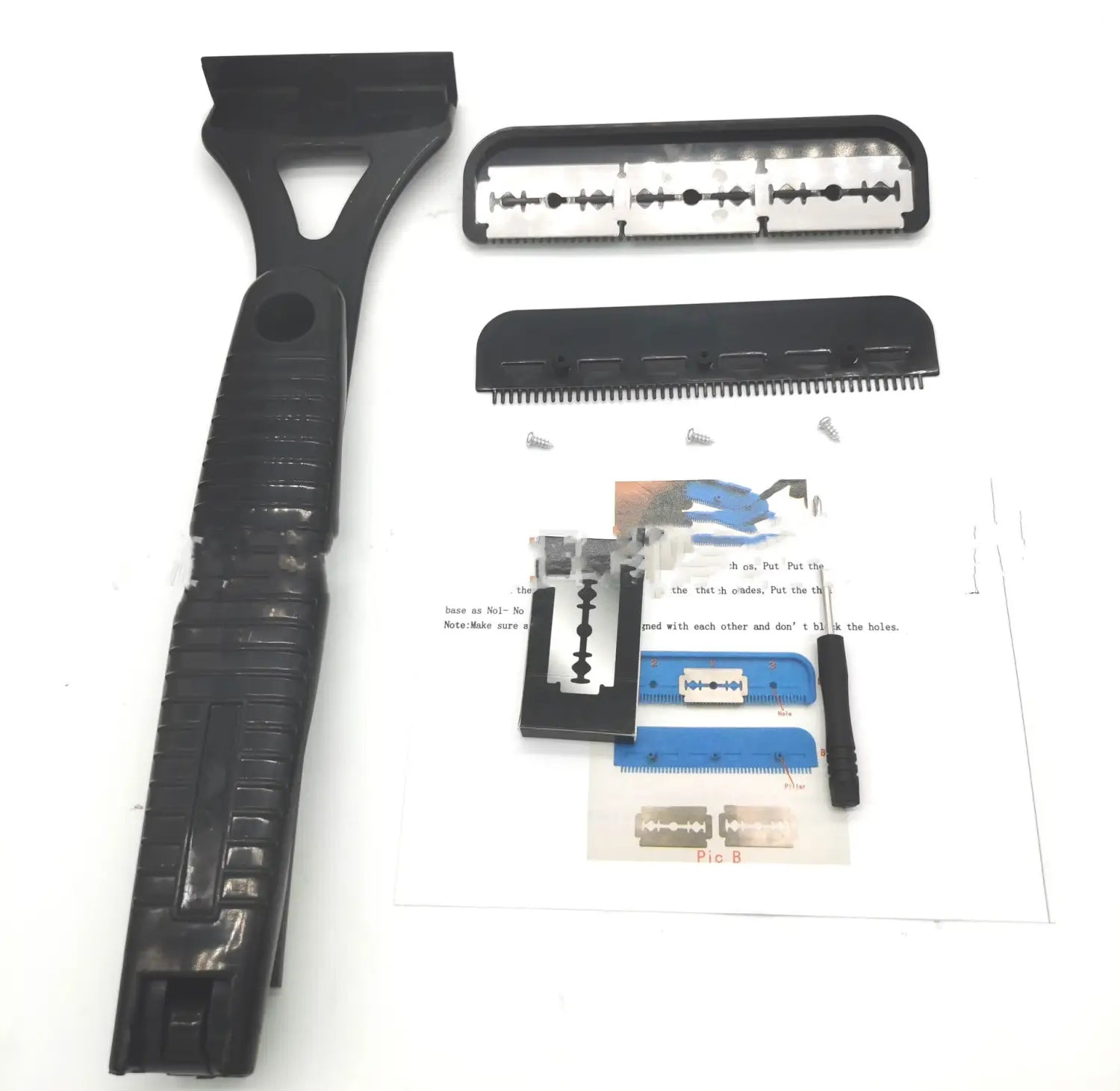 Black plastic manual back shaver and body hair scraper handle with textured grip and integrated blade holder for 5 blades.