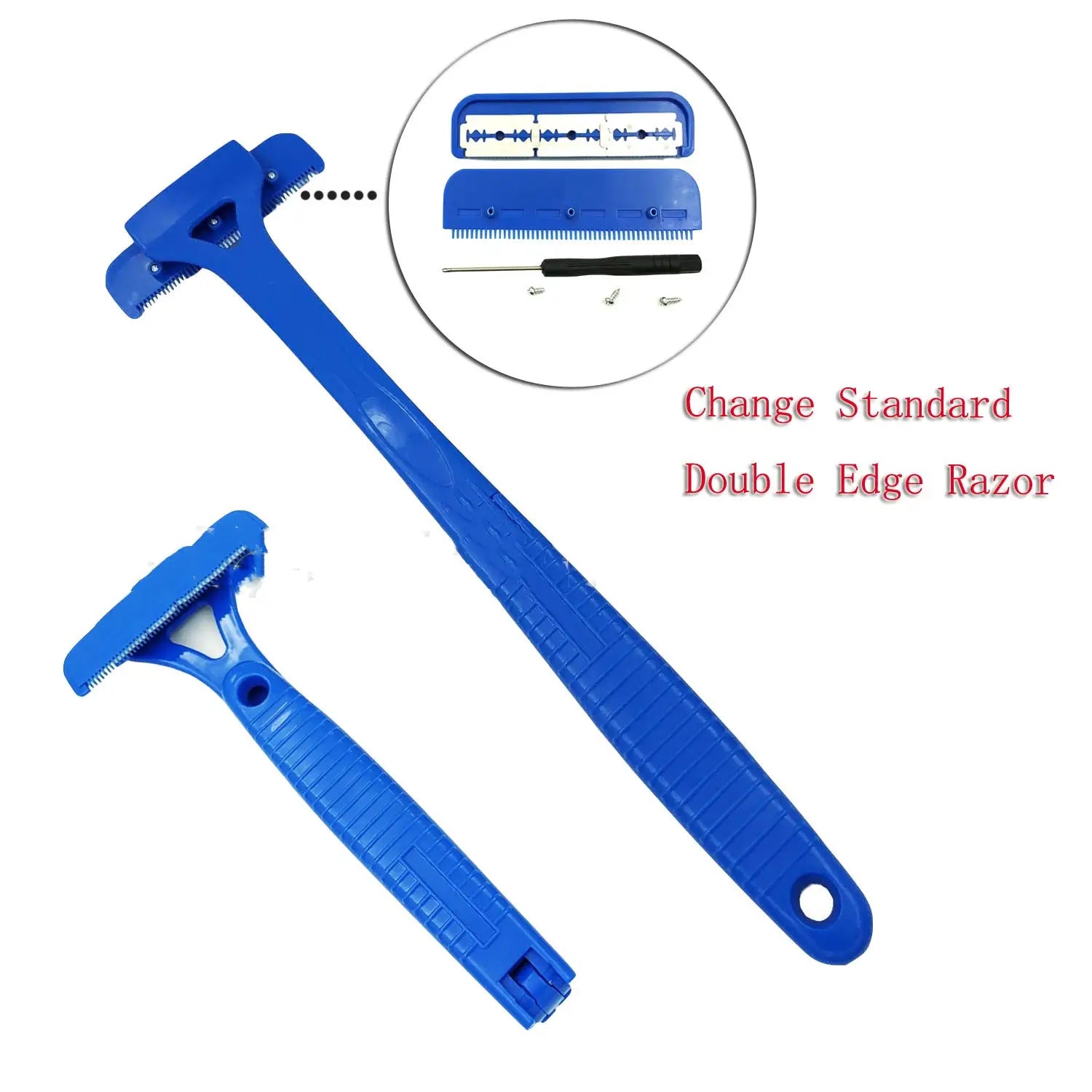 Blue plastic manual back shaver and body hair scraper with double-edge razor and five interchangeable blades.