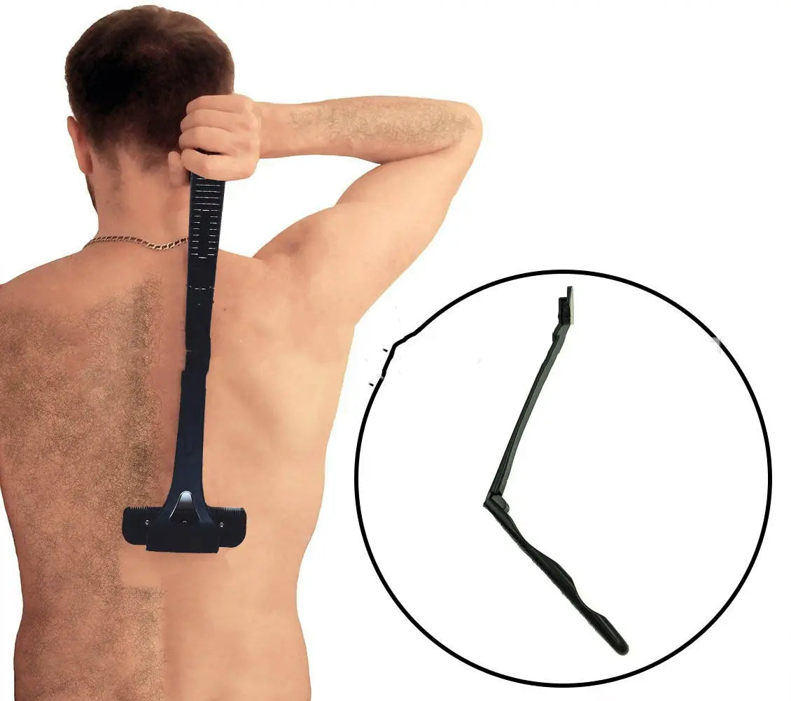 black plastic manual back shaver and body hair scraper with long flexible handle and wide flat head designed for reaching high areas of the back shown from the back side