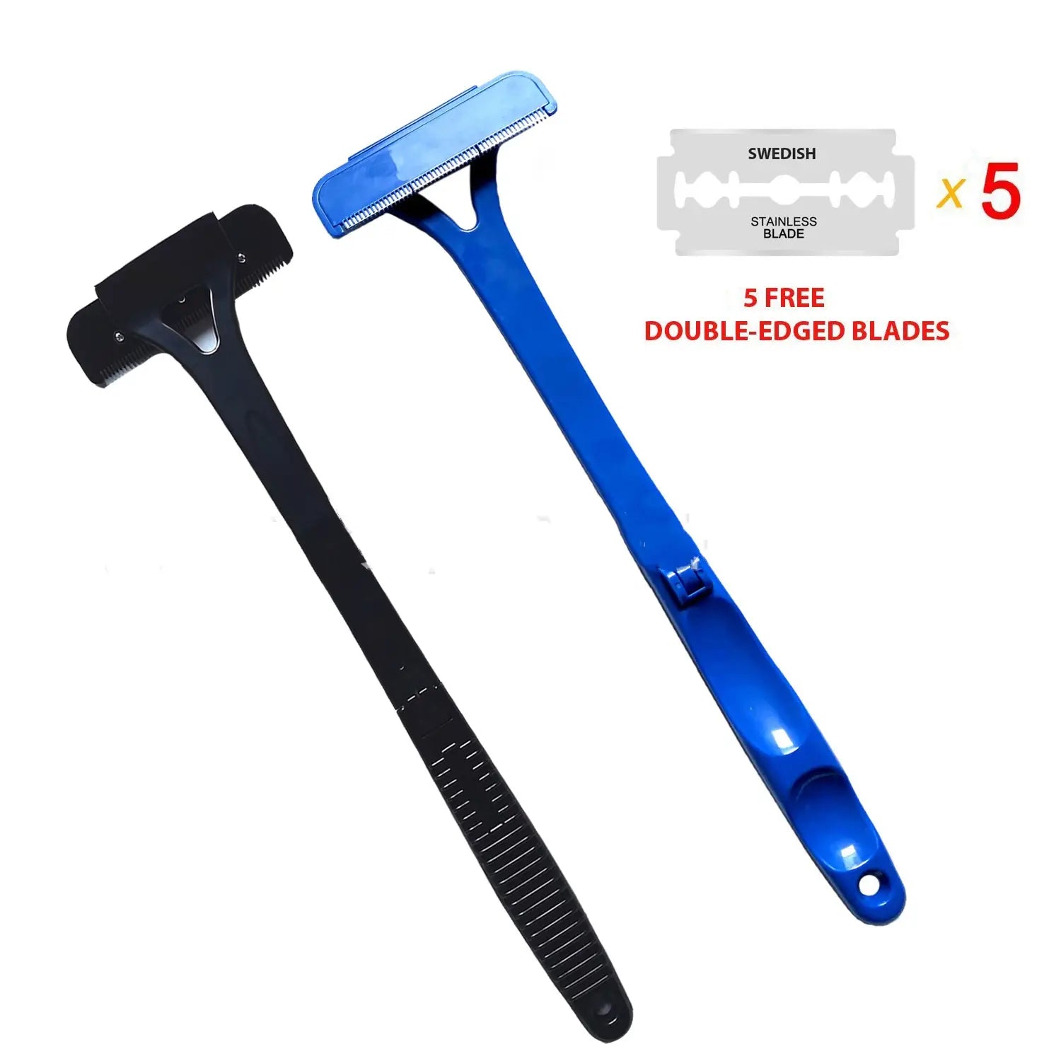 Blue and black plastic manual back shavers with stainless steel blades designed for body hair scraping featuring five blades.