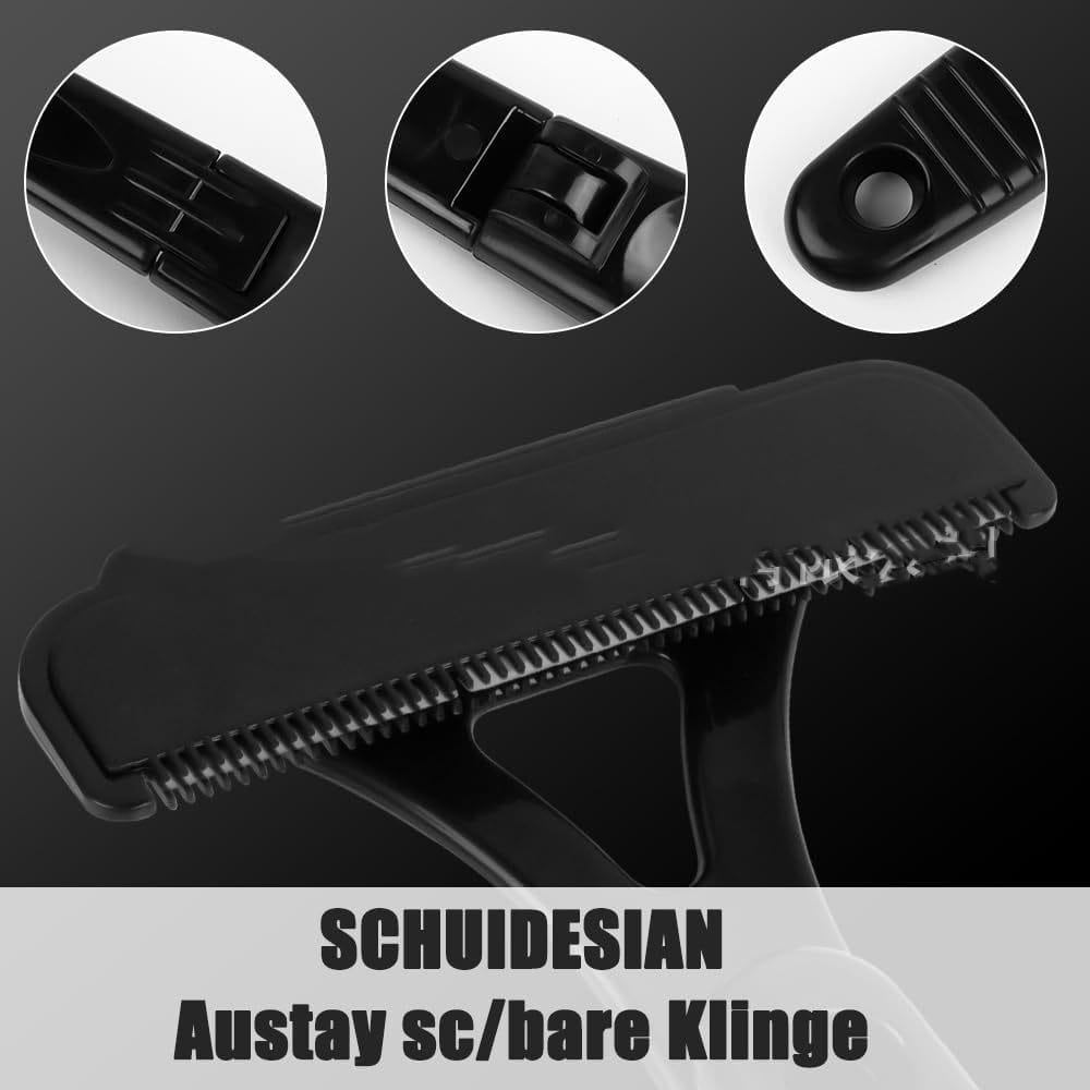 Black plastic hair clip with textured grip and serrated edge for secure holding in a manual back shaver and body hair scraper with 5 blades.