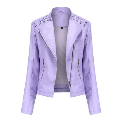 Damen Lavendel Faux-Leder-Motojacke mit Schnürschulterdetails und vorderem Reißverschluss Slim Fit Bikerjacke