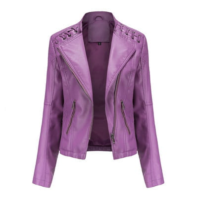 Damen Slim Fit lila Faux-Leder-Motojacke mit Reißverschluss-Verschlüssen und Schnürdetails an den Schultern.