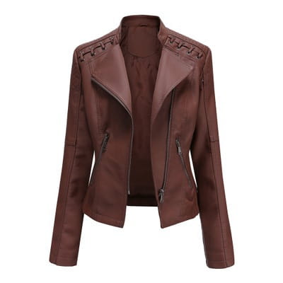 Braune Leder-Slim-Fit-Faux-Leder-Motojacke für Damen mit gestickelten Details an den Schultern