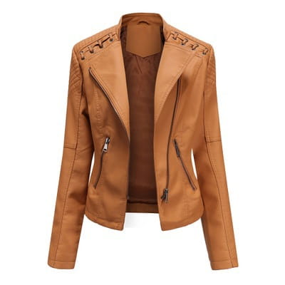 Damen Tan Faux-Leder-Motojacke Slim Fit Bikerjacke mit gestickelten Details entlang der Schultern und vorderen Reißverschluss-Taschen.