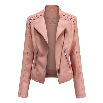 Rosa Faux-Leder Slim Fit Bikerjacke für Damen mit Schnürdetails an den Schultern.