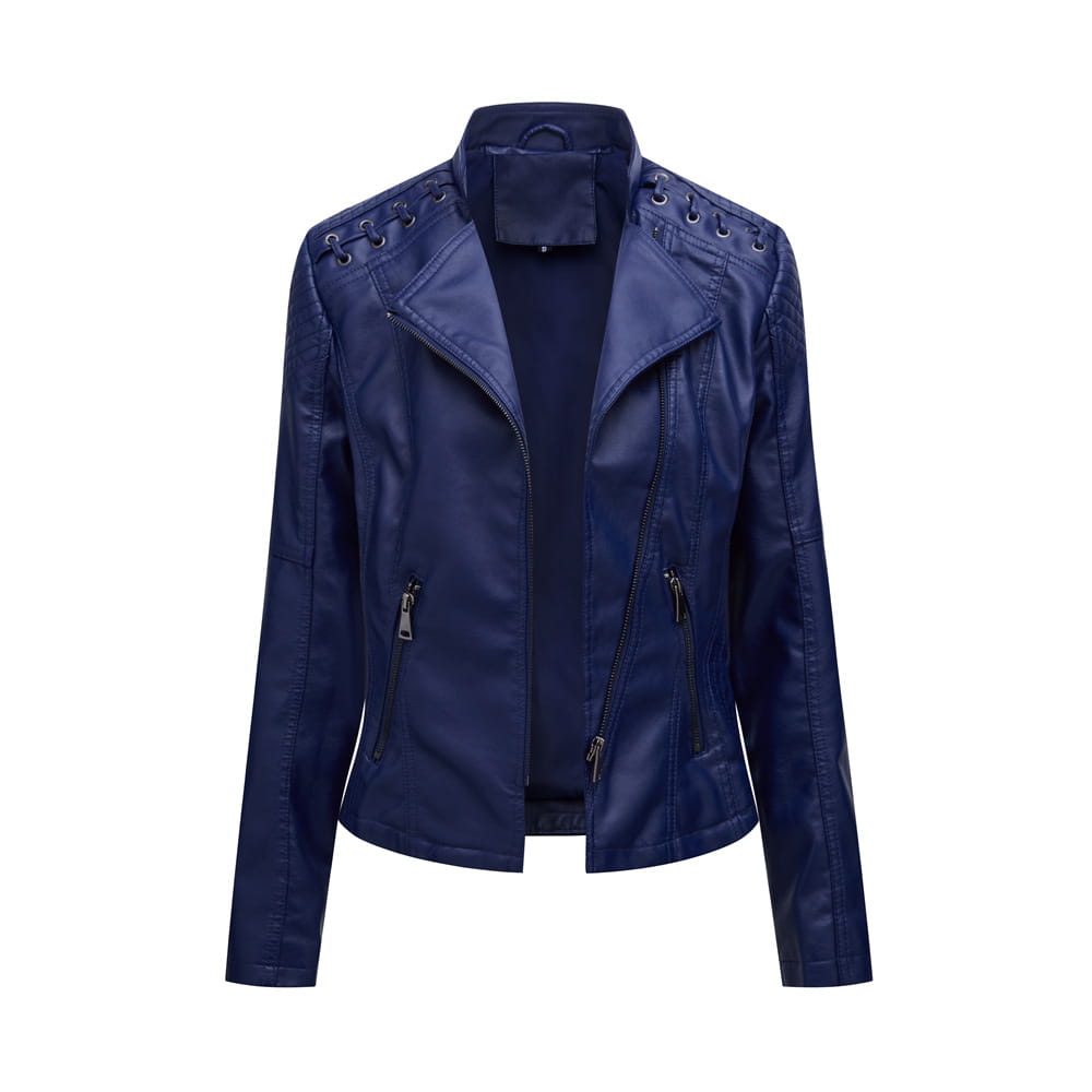 Marineblaue Damen Faux-Leder-Motojacke mit Slim Fit, Schnürschultern und schwarzen Reißverschlüssen für einen stilvollen Bikerjacken-Look.