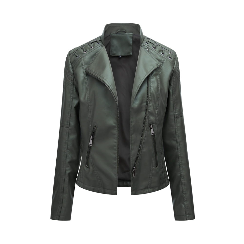 Dunkelgrüne Faux-Leder-Motojacke für Damen im Slim Fit mit Reißverschluss-Taschen und Schnürschulterdetails.