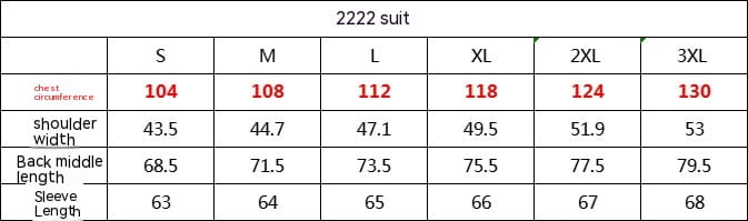 The 2222 men slim fit printed suit jacket size chart shows chest circumference shoulder width back middle length and sleeve length measurements for sizes s through 3xl.