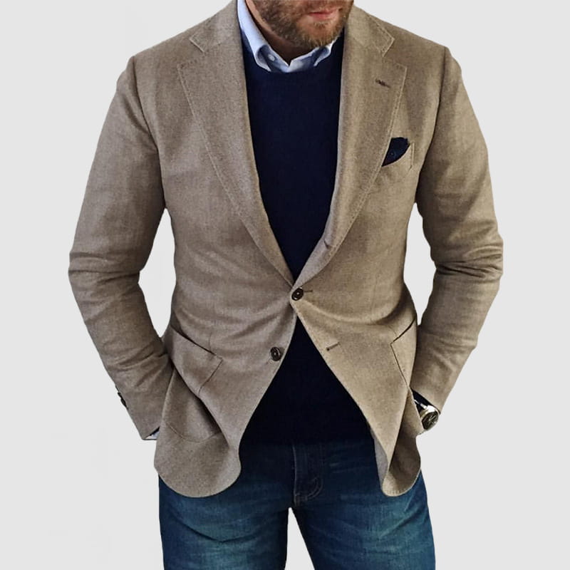 Men slim fit printed suit jacket in beige textured fabric with a subtle herringbone weave and dark button closures