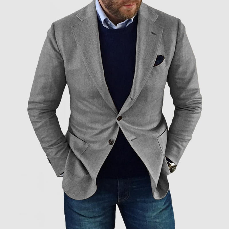 men slim fit printed suit jacket featuring a gray textured blazer with a single-breasted design and dark buttons