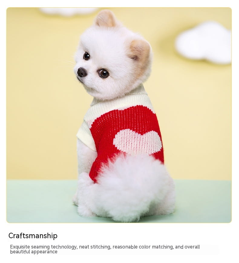 Ein flauschiger weißer Hund, der einen roten und cremefarbenen gestrickten Wollpullover mit einem weißen Herzdesign für Haustiere trägt.
