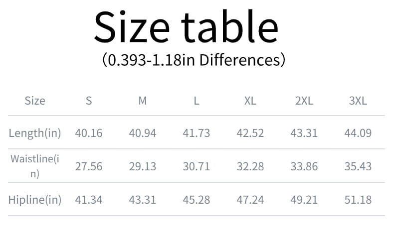 Size table displaying length waistline and hipline measurements in inches for mens multi pocket cargo work pants in sizes s through 3xl