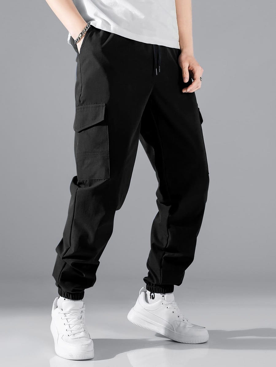 Mens multi pocket cargo work pants in black with multiple functional pockets and elastic cuffs designed for durability and utility.