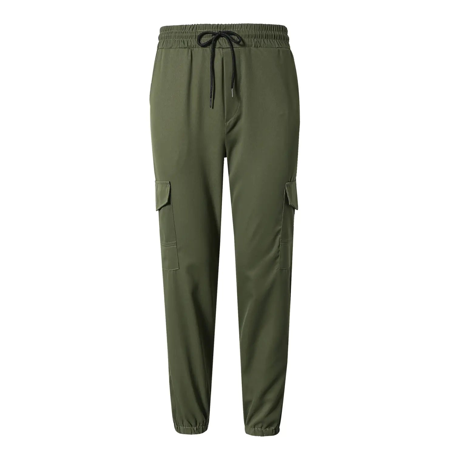 Mens multi pocket cargo work pants in olive green with elastic waistband black drawstring and two side pockets.