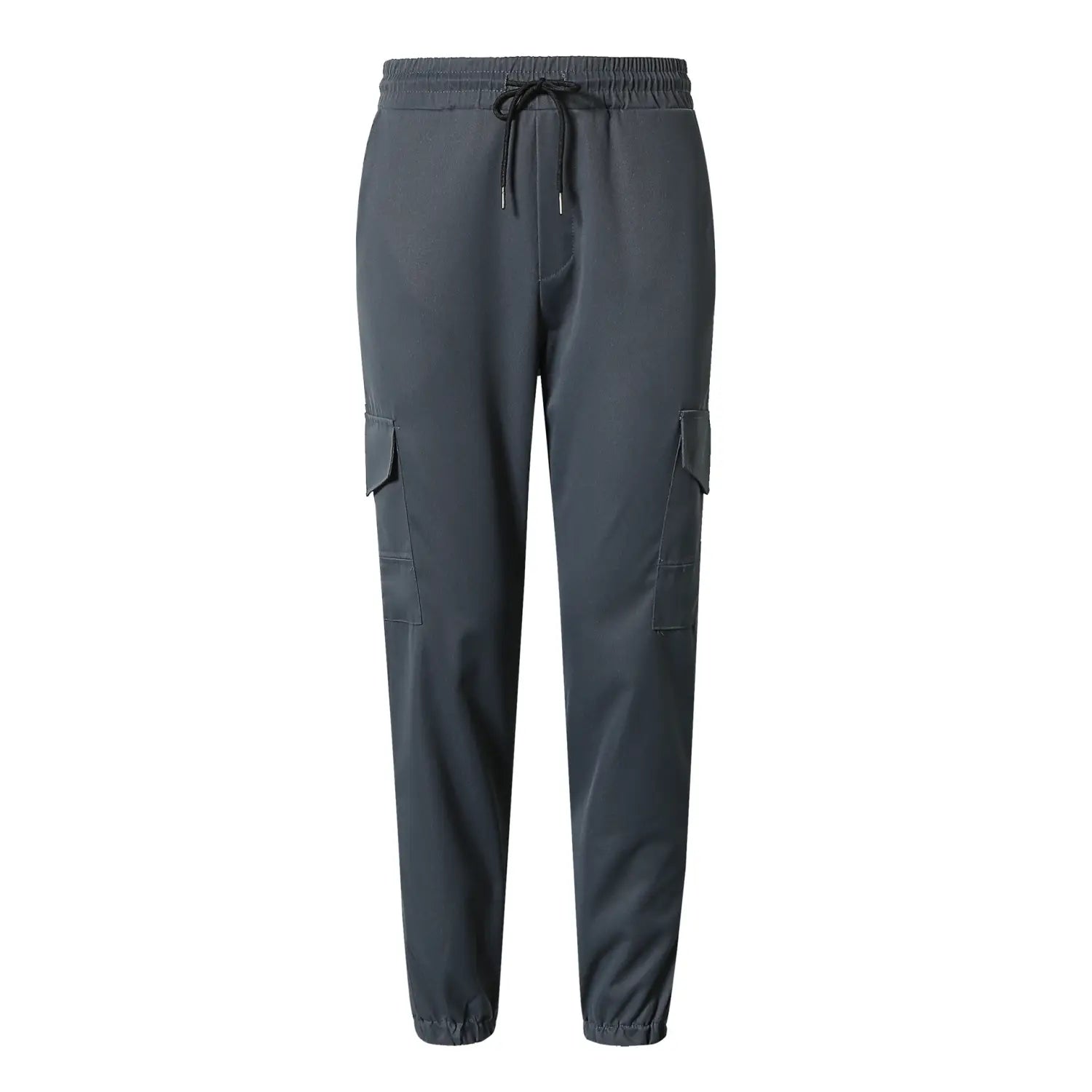 Men’s dark gray cargo work pants with elastic waistband and drawstring, featuring multiple side pockets on each leg for utility and comfort.