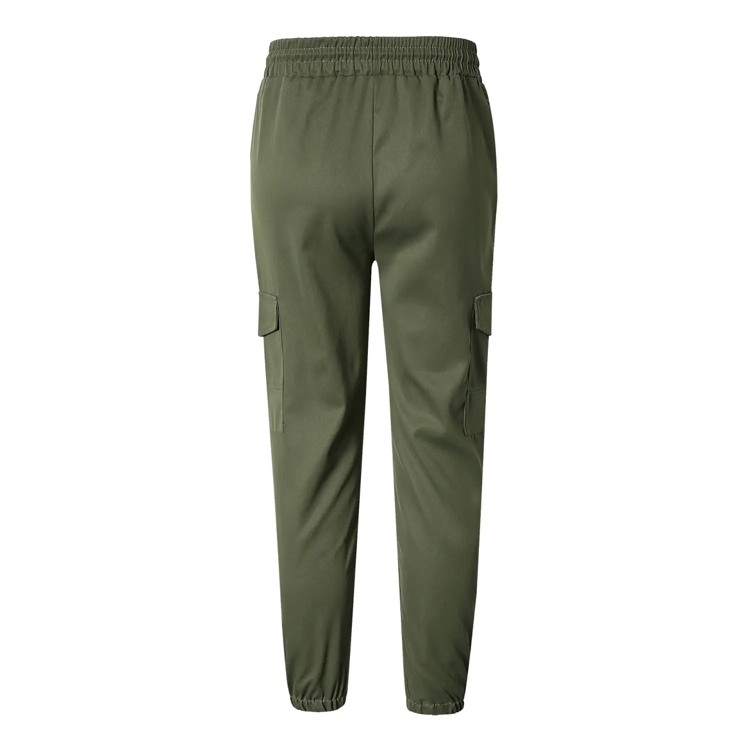 Mens multi pocket cargo work pants in olive green featuring an elastic waistband and multiple side pockets designed for durability and functionality.