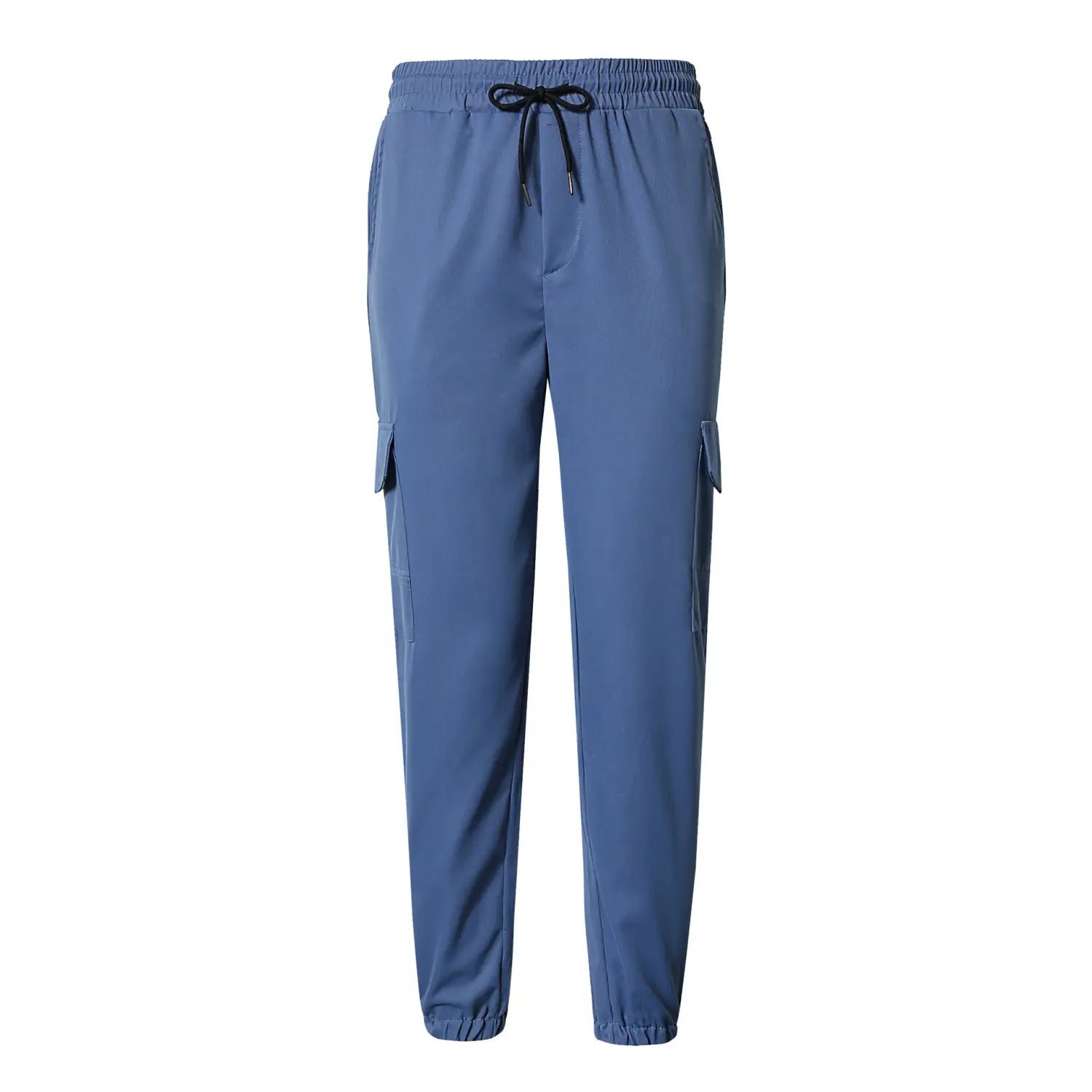 Mens multi pocket cargo work pants in blue with black drawstring waistband and side pockets designed for durability and utility.