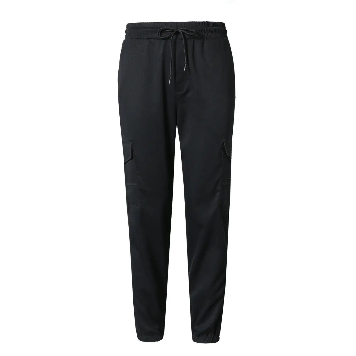 Mens multi pocket cargo work pants in black featuring a drawstring waistband and side pockets for practical use.