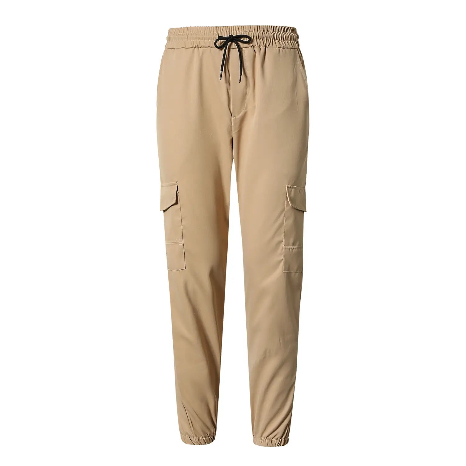 Beige mens multi pocket cargo work pants featuring a black drawstring waistband and elastic cuffs.