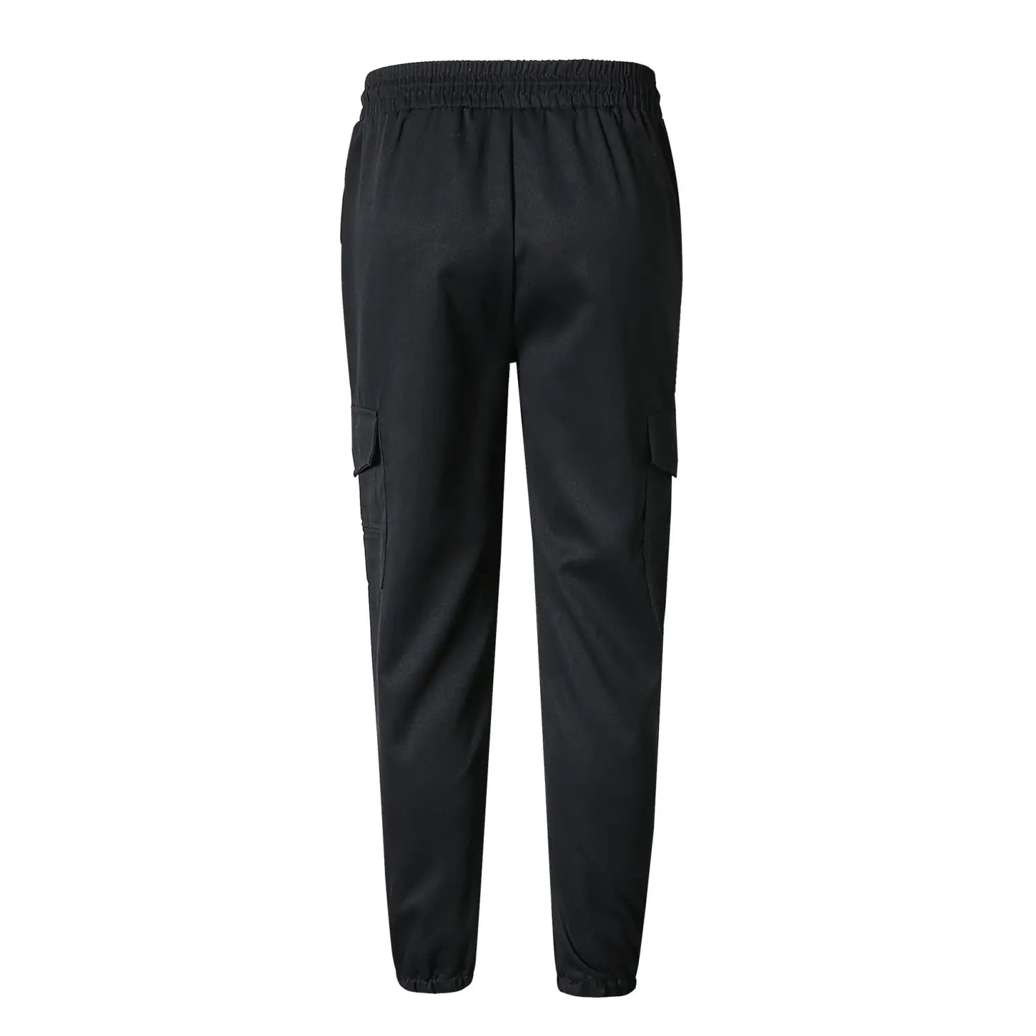 Black mens multi pocket cargo work pants featuring an elastic waistband and side pockets made for durability and utility.