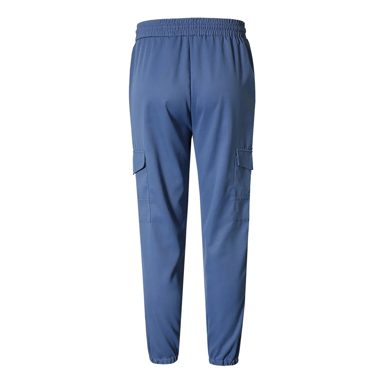 Mens multi pocket cargo work pants in blue featuring an elastic waistband and side pockets for practical use.