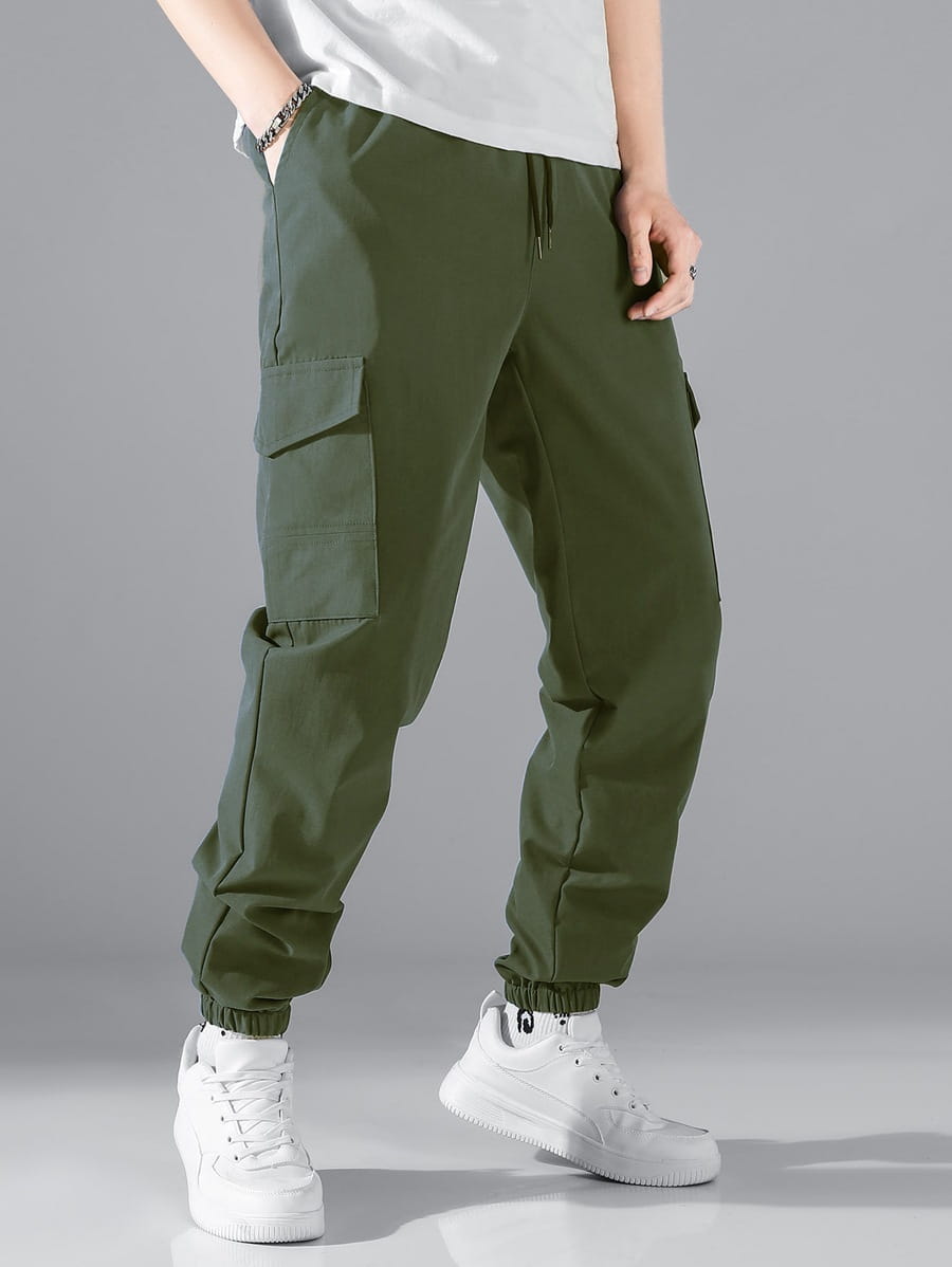 Mens multi pocket cargo work pants in olive green with multiple pockets and elastic cuffs designed for durability and utility.