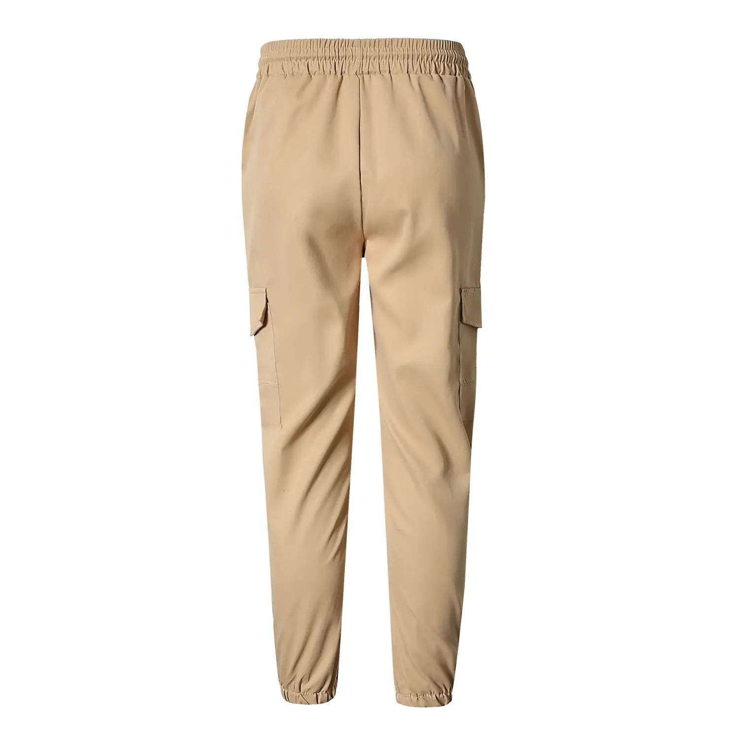 Beige mens multi pocket cargo work pants with elastic waistband and cuffed ankles designed for durability and functionality.