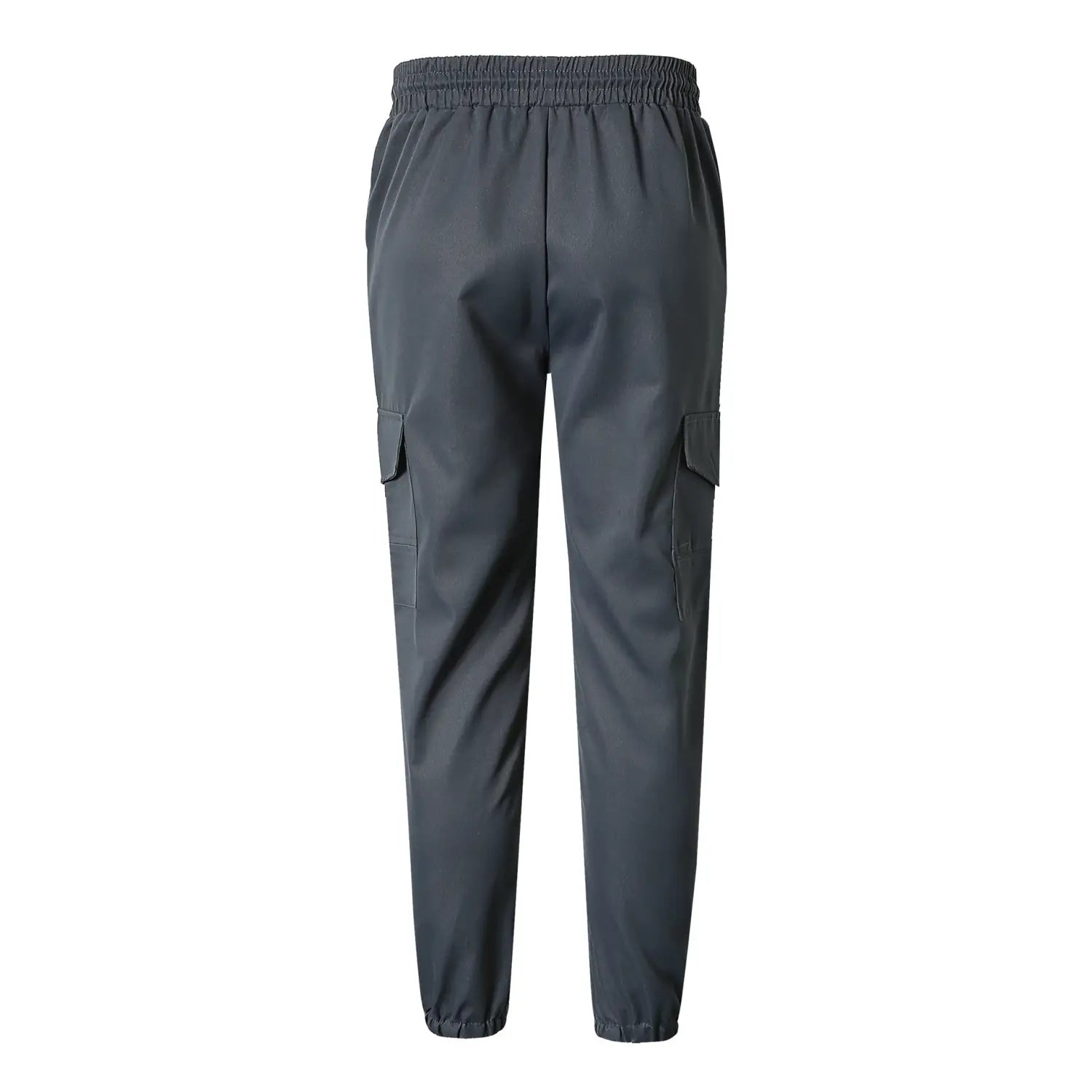 mens multi pocket cargo work pants in dark gray featuring an elastic waistband and side pockets designed for durability and functionality.