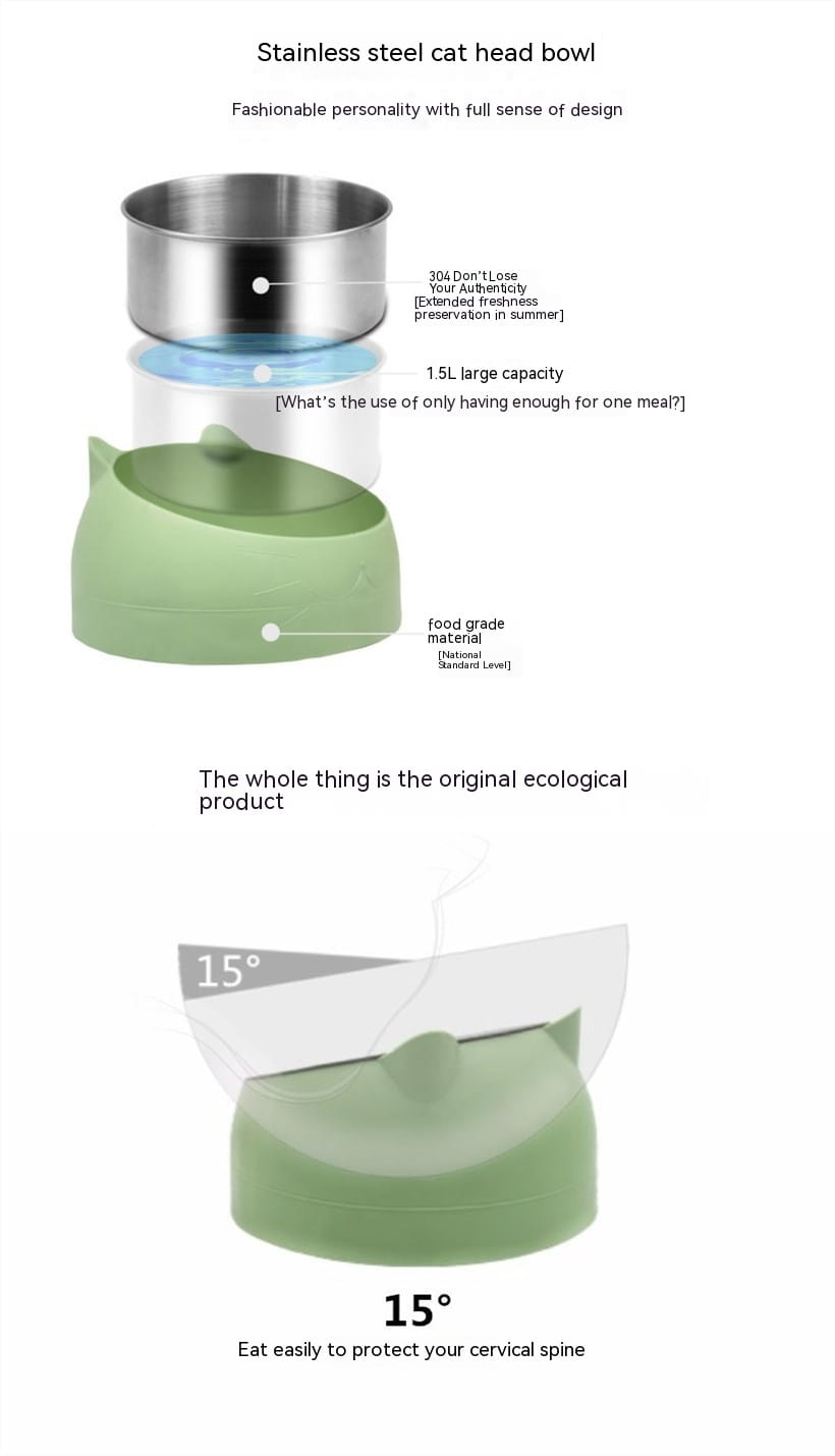 Bol pour tête de chat surélevé en acier inoxydable avec protection contre le basculement, doté d'une base en silicone vert et d'un couvercle, conçu pour une capacité de 1,5 litre afin de conserver les aliments plus longtemps.